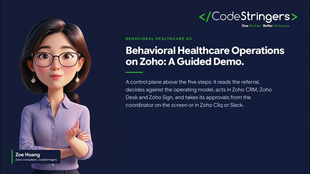 Title card: Behavioral Healthcare Operations on Zoho, A Guided Demo, with presenter Zoe Hoang