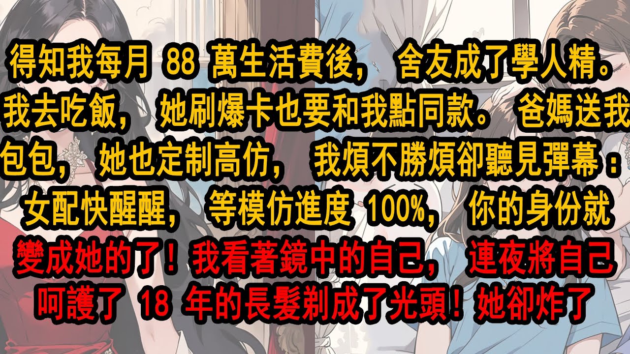 得知我每月 88 萬生活費後，舍友成了學人精。爸媽送我包包，她也定制高仿，终于有一天我聽見彈幕：等模仿進度 100%，你的身份就變成她的了！于是我連夜將自己呵護了 18 年的長髮剃成了光頭！她卻炸了