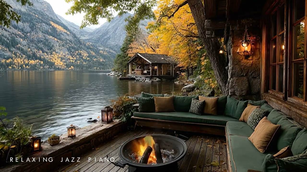Relaxing Autumn Jazz🍂 Lakeside Coffee Shop Space ~ Poetic Scenery of Nature
