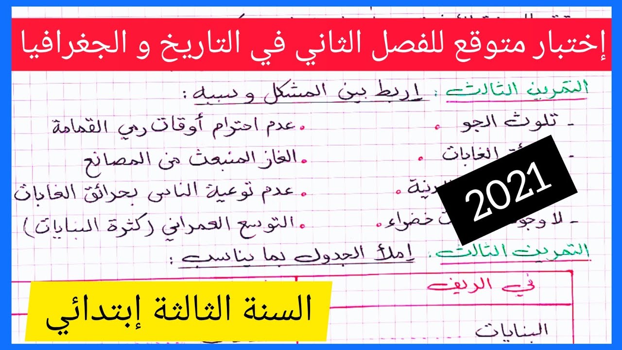 الإختبار المتوقع للفصل الثاني في مادة التاريخ و الجغرافيا للسنة الثالثة إبتدائي 2021