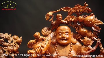 TƯỢNG GỖ DI LẶC NGŨ PHÚC VÁC CÀNH ĐÀO GỖ HƯƠNG | xưởng_tượng_gỗ