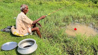 Fishing Video🎣🐠 || Grandpa used his own skills to catch fish from the field canal || Hook fishing