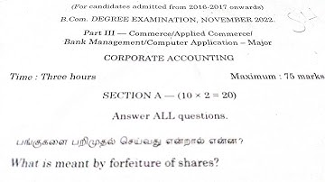 Corporate Accounting Question Paper Nov 2022 (Bharadhidasan University)