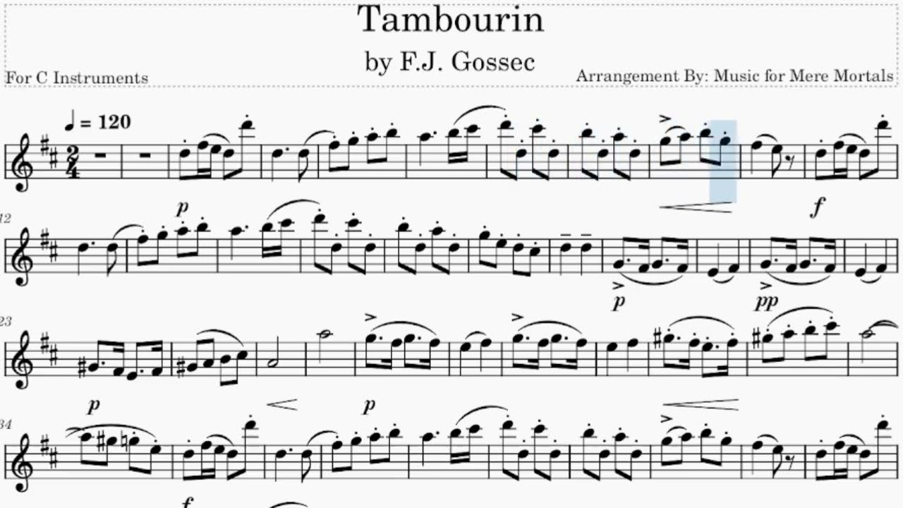 Tambourin by Gossec - Classical - Play Along for C Instruments
