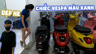 Tú le khô ‘máu’ lụm chiếc Vespa màu xanh về ăn tết shorts