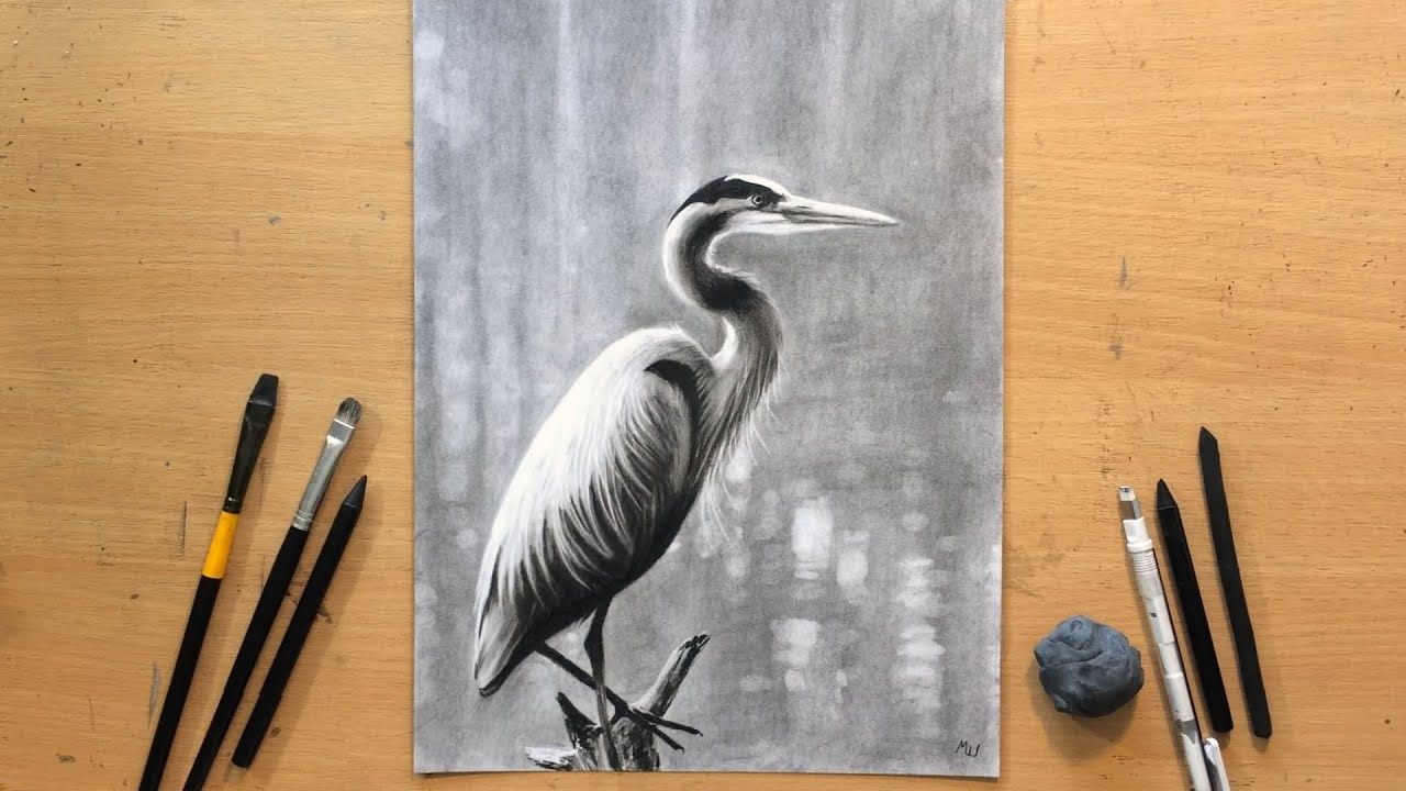 Charcoal Drawing of a Heron