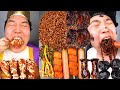 Asmr mukbang fire black bean mushrooms black bean fire noodles sausage fried chicken