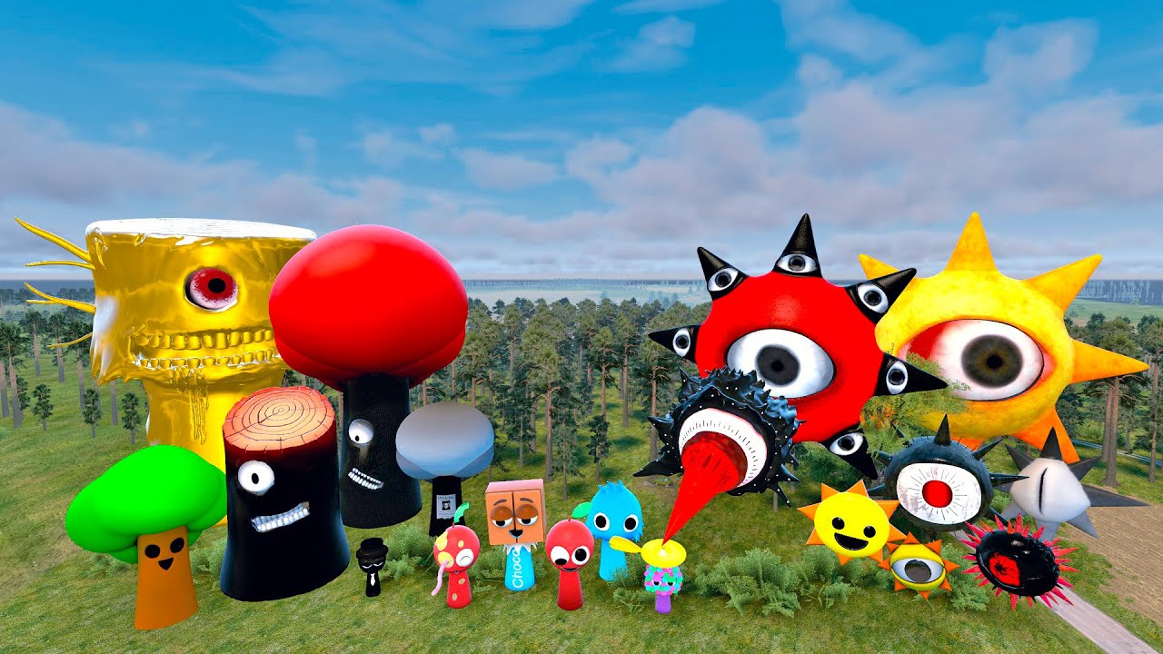 I found Incredibox Sprunki OC Mr Sun and Mr Tree teams in deep forest in Garry's mod