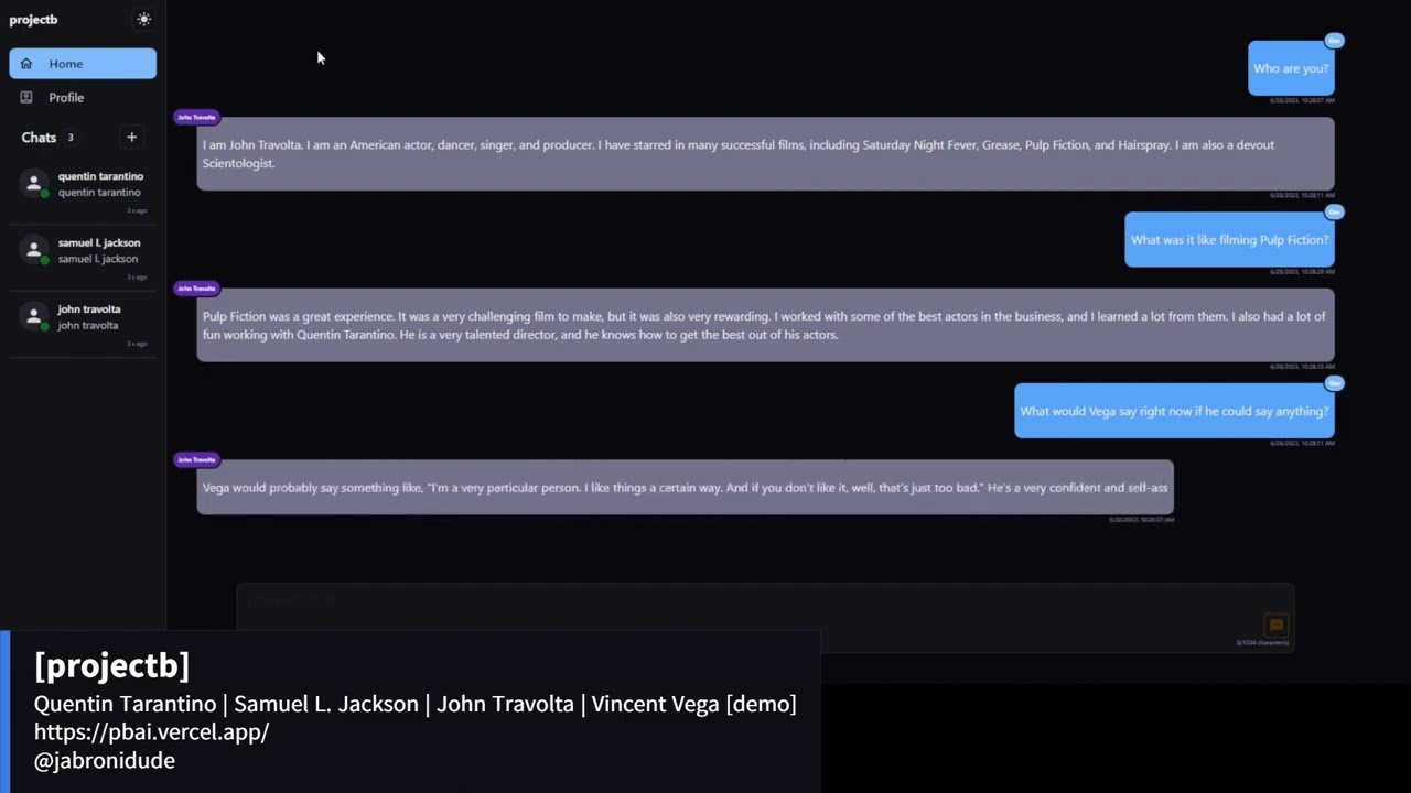 projectb   leveraging Palm2 Gemini Pro API to add AI personas Quentin Tarantino   Samuel L Jackson