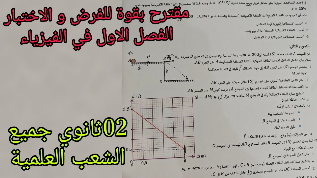 اقوى مقترح للفرض و الاختبار الفصل الاول في الفيزياء للسنة 02ثانوي جميع الشعب العلمية في الفيزياء 