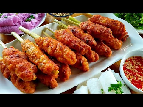 Video Món nướng CHẢ TÔM THỊT BỌC SẢ ăn kèm bánh hỏi tuyệt... - youtube