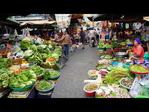Walk Around Chbar Ampov Vegetable Market In The Morning – Various Food Selling In Wet Market