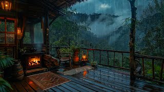The Best Way To Sleep Instantly: Listen To Rain, Thunder Sound, Crackling Fire⚡Cozy Balcony In Rain
