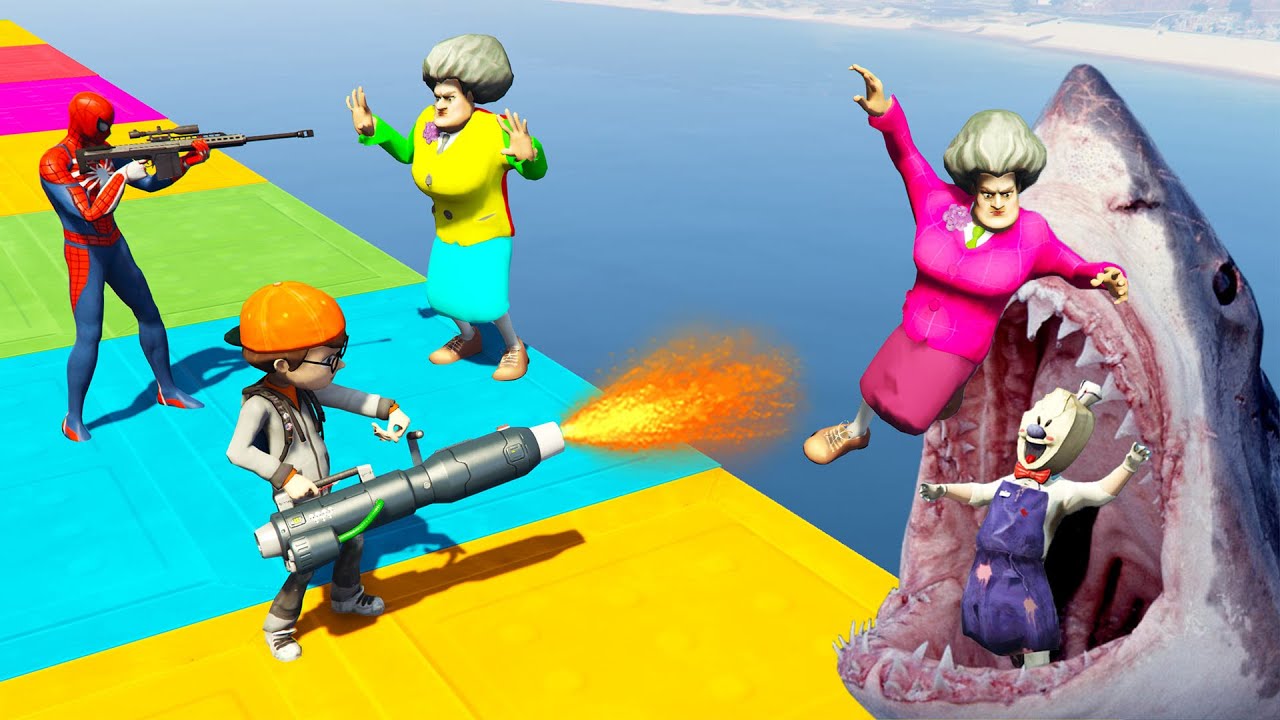 Scary Teacher 3D — Миссия «Месть Человека-паука» — Атака акулы против команды Miss'T — Тани и Ник...