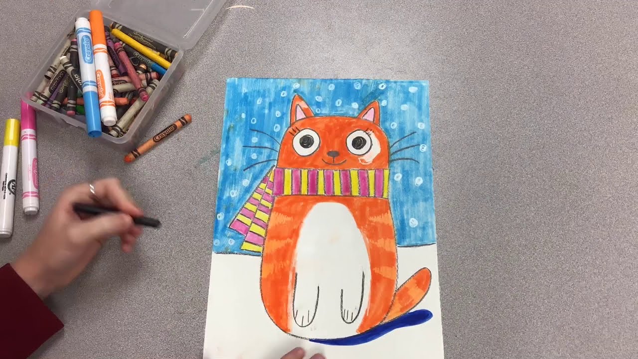 K-2 Angie Rozelaar Inspired Winter Cat Art - YouTube