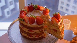 얼그레이 딸기 케이크 만들기 Earl grey strawberry cake recipe 얼그레이 제누아즈 네이키드 케이크 아이싱 얼그레이케이크 레시피