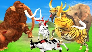 Giant Elephant Attacks Cow Cartoon, 2 Buffalos and Bulls Saved By Giant Tiger Bull Vs Woolly Mammoth