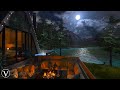 Lakeside cabin  night ambience  firepit water  forest nature sounds