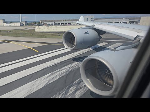 (ENGINE ROAR) Lufthansa Airbus A340-600 takeoff from Frankfurt to Riyadh