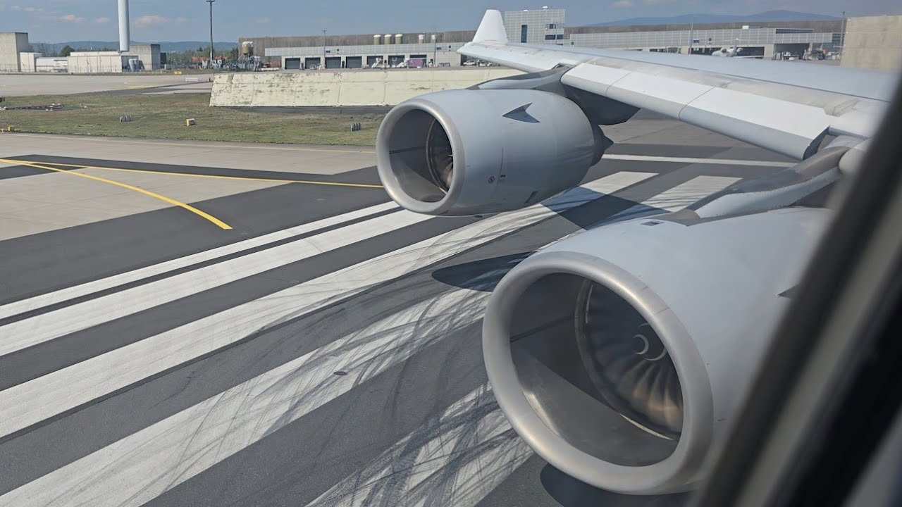 (ENGINE ROAR) Lufthansa Airbus A340-600 takeoff from Frankfurt to Riyadh