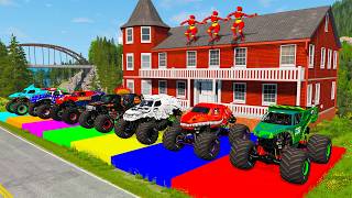 Monster Trucks on Double Flatbed Trailer | Slide Colors + Cars vs Speed Bump - BeamNG #25 screenshot 1