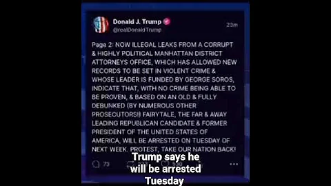 Trump's Truth Social post Saturday March 18th 2023