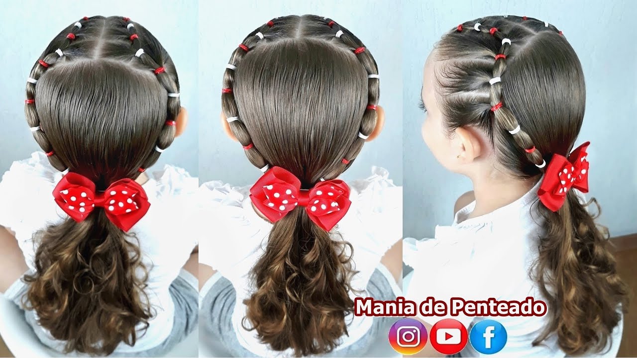 Penteado Infantil fácil com ligas e amarração para escola, Easy hairstyle  with rubber bands for school