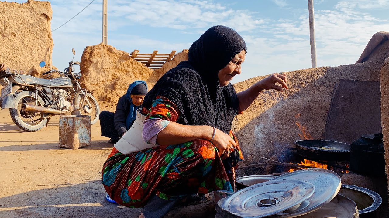 Om Reza Cooking Traditional Arabic Food for Lunch on Fire in Village-part1 | Rural Family