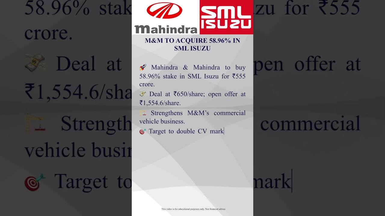 M&M to Acquire 58.96% in SML Isuzu