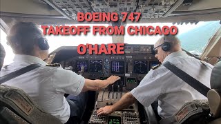 BOEING 747-400 TAKEOFF from CHICAGO O'HARE KORD Airport   (cockpit view)