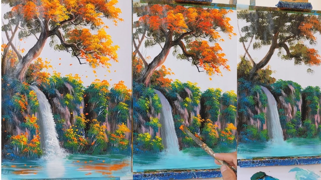 005 | Step by Step Acrylic Painting of a Golden Tree Growing on a Mountain Waterfall | Full Tutorial
