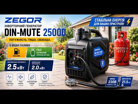 Генератор 2,5 кВт газ/бензин інверторний DIN-MUTE2500D Zegor (ручний стартер, бак 5,6 л), видео 1