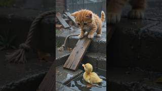 Brave Kitten Risks Everything to Save a Baby Duck from a Flood 😭❤️ | Emotional Animal Rescue #shorts