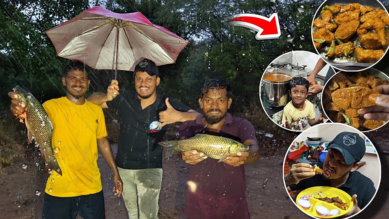 Heavy Rain Pole Rod Fishing 🎣 | Tilapia / ஜிலேபி மீன் Single Hook Fishing | Village Style Fish Fry