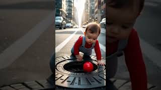 "Baby Crawling on City Street with Red Ball"