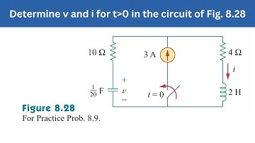 Practice Prob 8.9 | Determine v and i for t greater 0 in the circuit of Fig. 8.28 | FEC 4th Edition