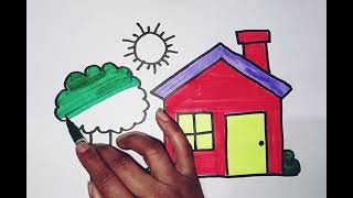 How to draw cute and easy House and Tree and Rainbow | Easy drawing and Coloring for Kids & Toddlers