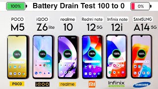 realme 10 vs Redmi note 12 vs Poco M5 vs iQOO Z6 lite vs Samsung A14 Battery Drain Test 100 to 0