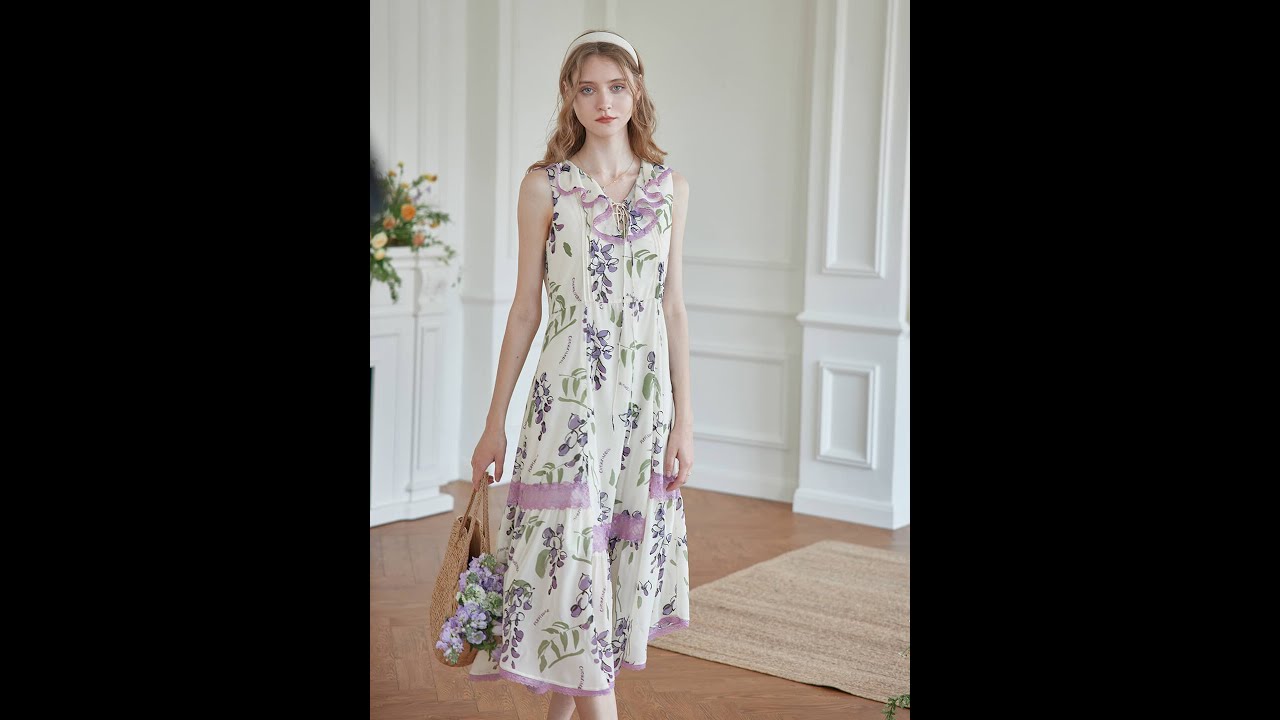 Simple Retro | Wisteria Printed Purple Midi Sleeveless Dress | 2022 Spring/Summer