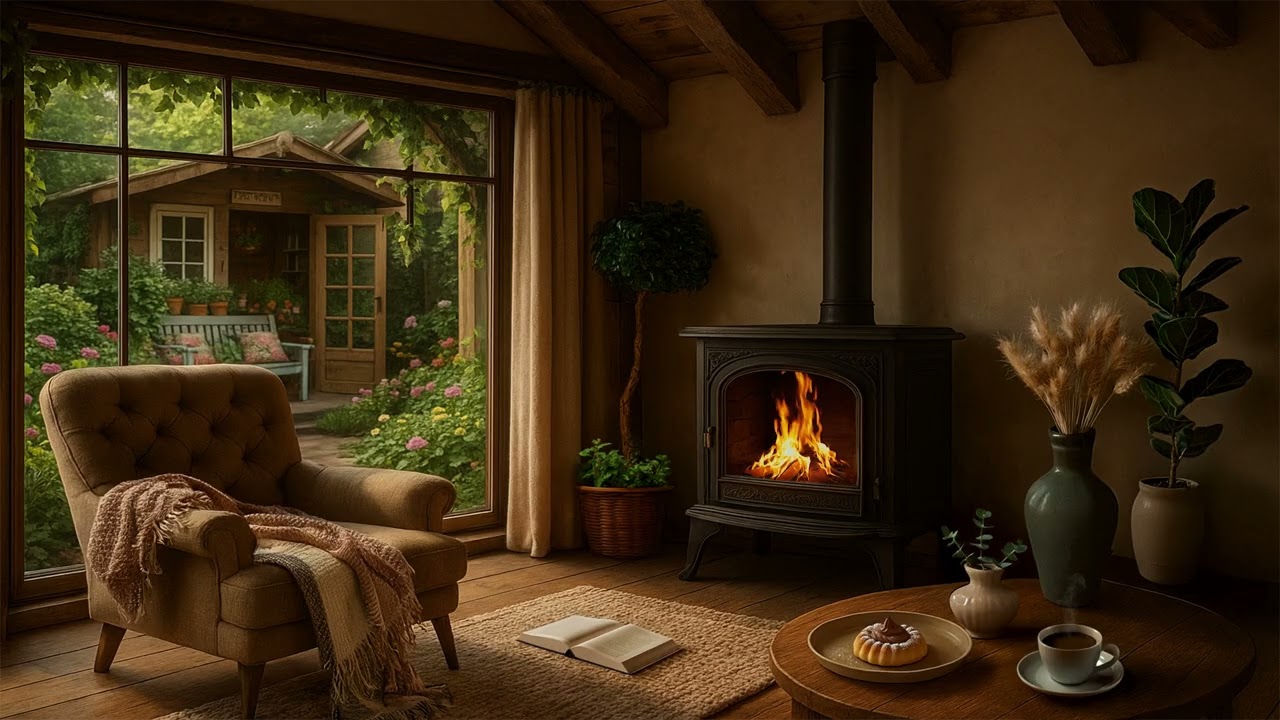 Relaxing Day by the Fireplace Ambience | Cozy Chair, Garden View & Crackling Fire Sounds for Calm