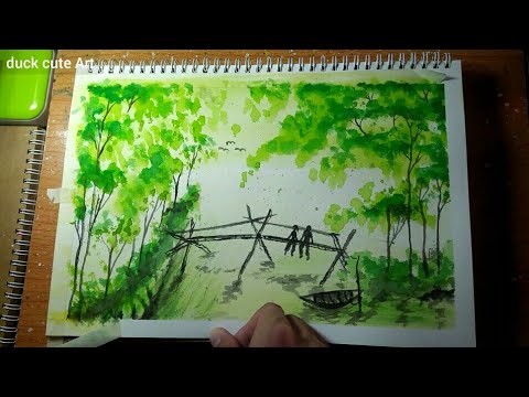 Vẽ tranh phong cảnh cây cầu tre bằng màu nước Thiên  landscape  by watercolor. - YouTube