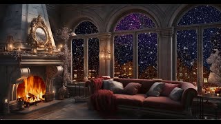 Firework  Christmas Piano Jazz Relax  in Cozy Living room  with Snow Falling Outside Window.