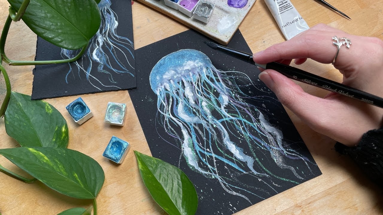 A PERFECT Beginner Watercolor Tutorial ✨ Jellyfish on Black Watercolor Paper  — Allison Lyon Art