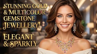 Celebrity Gold Necklace |  Multicolor Gemstones Wedding Collection Elegant Style |  Velvet Dori  Necklace, Profile