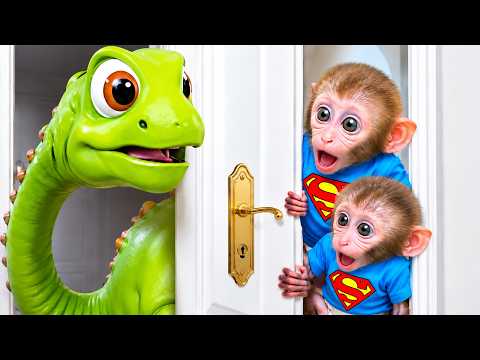 Monkey BonBon escapes a Dinosaur using a bicycle made of colorful fruit and the little monkey
