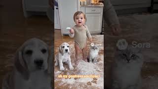 Baby cat and puppy made mess🤪#cute #cutebaby