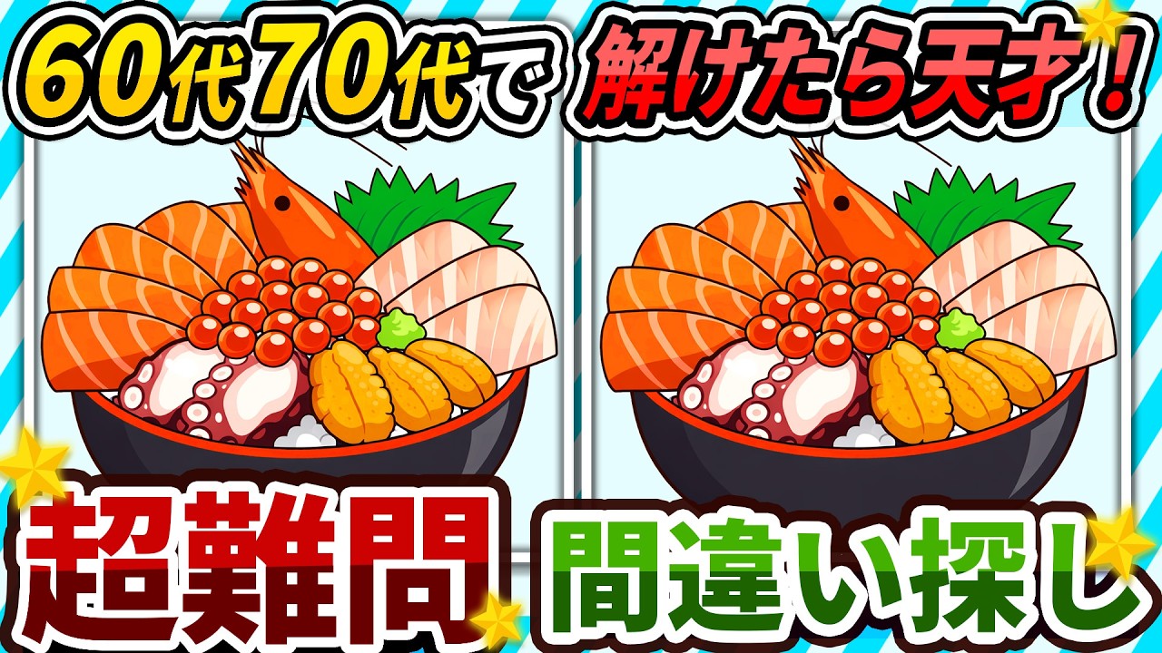 【間違い探しクイズ】⚠️むずかしい海鮮丼のイラスト編！脳活＆脳トレにおススメ無料ゲーム【アハ体験有り】#491