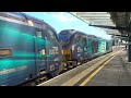 The x2 Class 68 DRS Nos.68017+68001 with x2 FNA-D Nuclear Flask Wagons was passing at Carlisle.