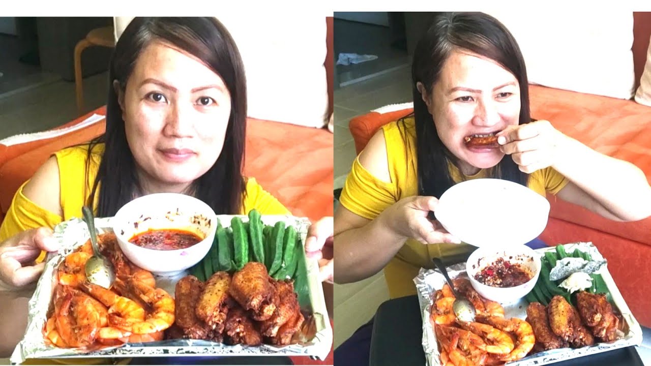 GARLIC SHRIMP FRIED CHICKEN WINGS BOILD OKRA MUKBANG LUTONG