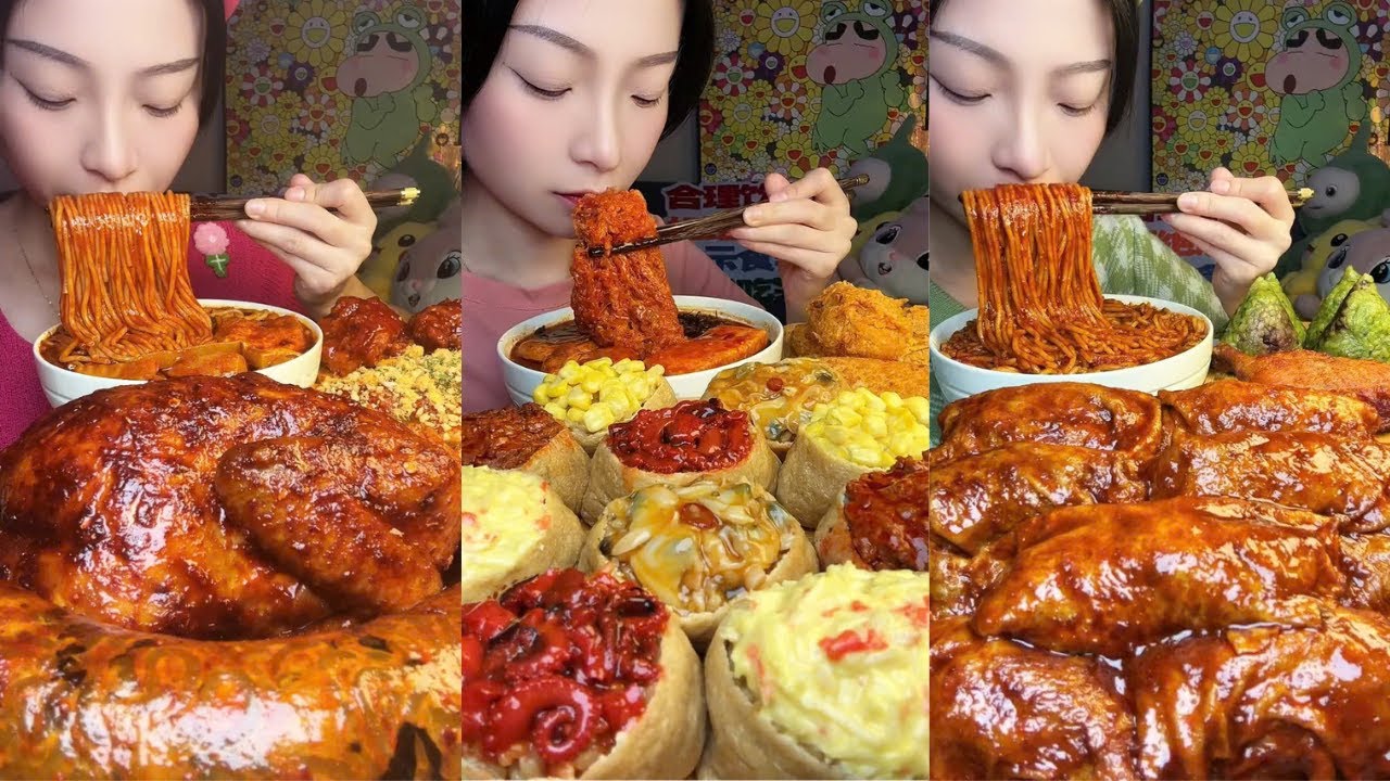 Sticky Spicy Noodles & Saucy Pork with Rice Mukbang ASMR